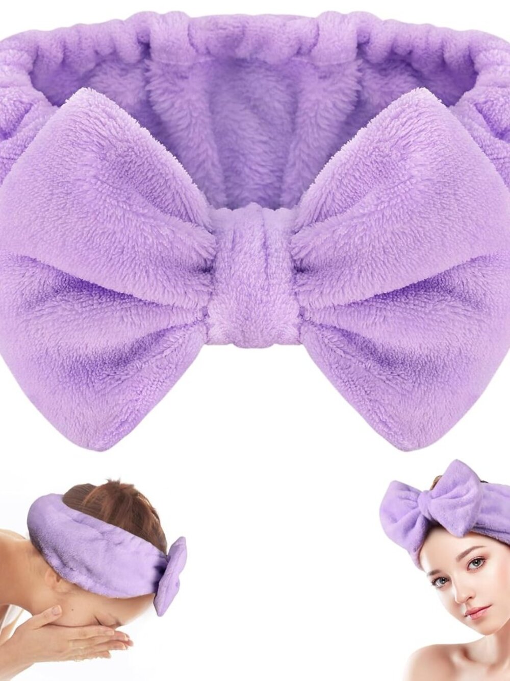 Soft Spa Headband with Cute Bow for Makeup Washing Face(Purple)